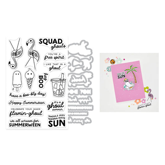 Set of clear stamps with various designs and text on a white background