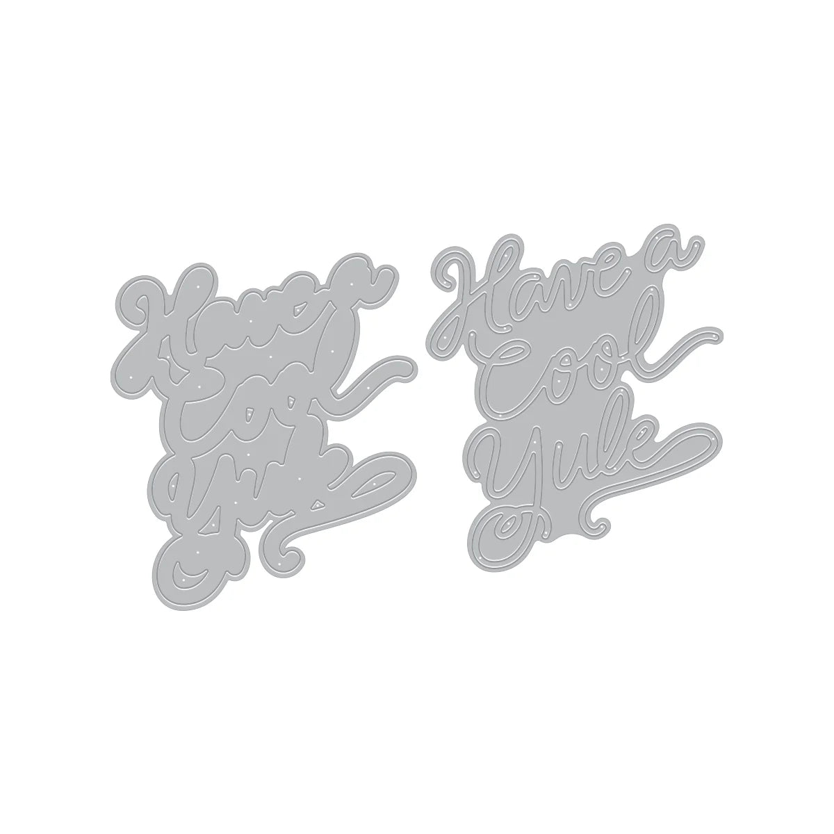 Two metal die cuts with 'Merry Christmas' and 'Have a Good Yule' text on a white background
