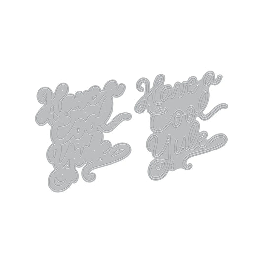 Two metal die cuts with 'Merry Christmas' and 'Have a Good Yule' text on a white background