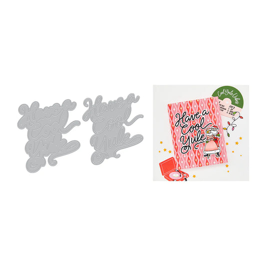 Two gray die-cut shapes and a card with a Christmas design on a white background