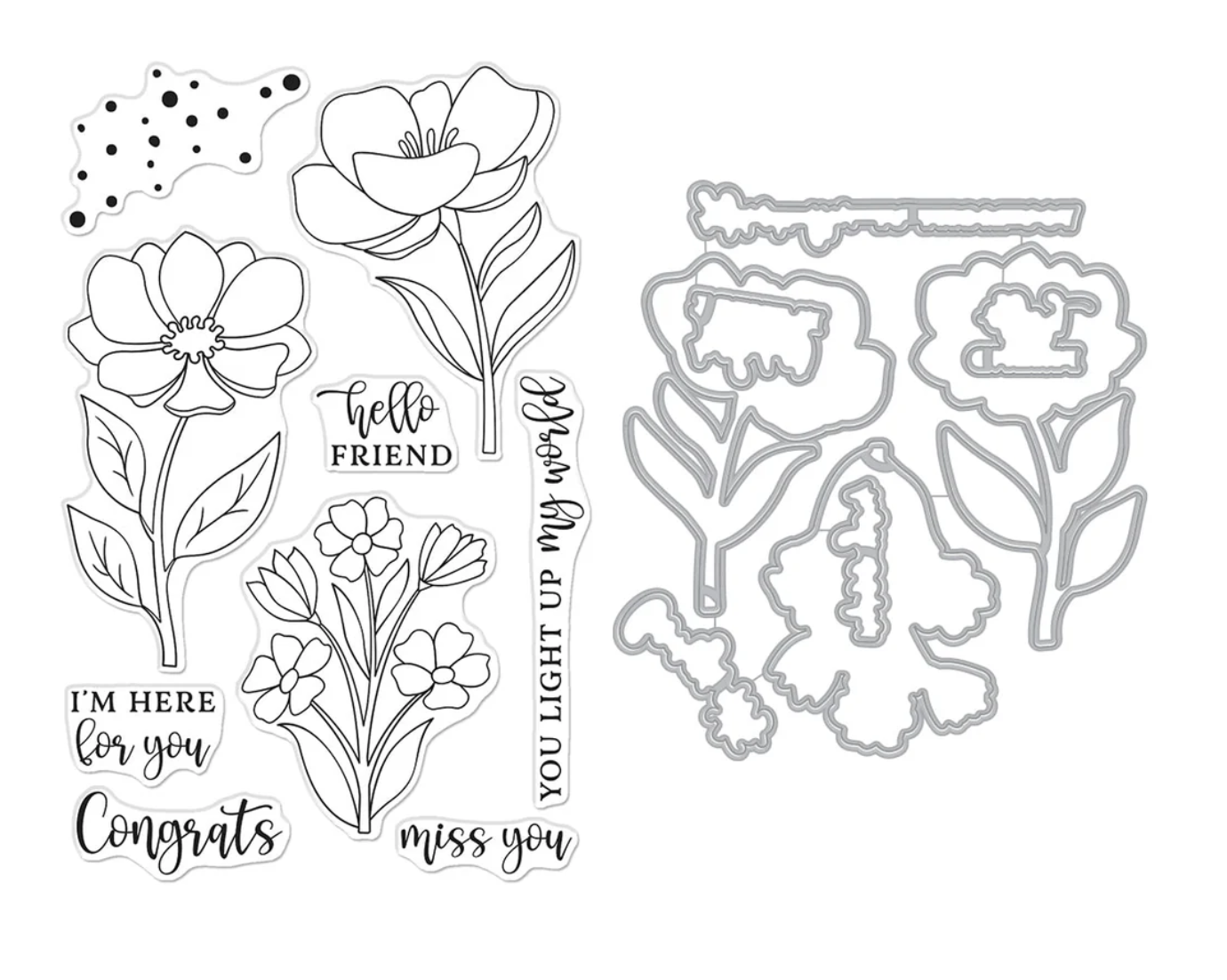 floral clear photopolymer stamps with coordinating dies and sentiments, intended for use in crafting and stamping.