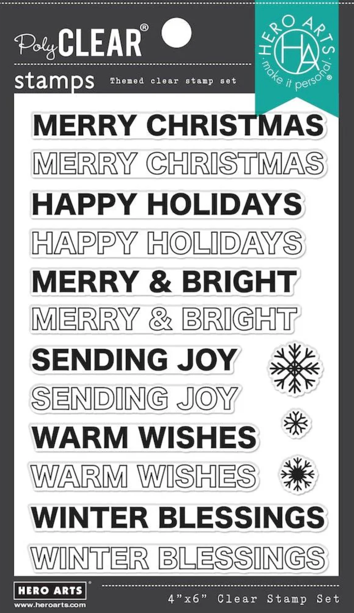 Set of clear stamps with Christmas and holiday-themed text and graphics.