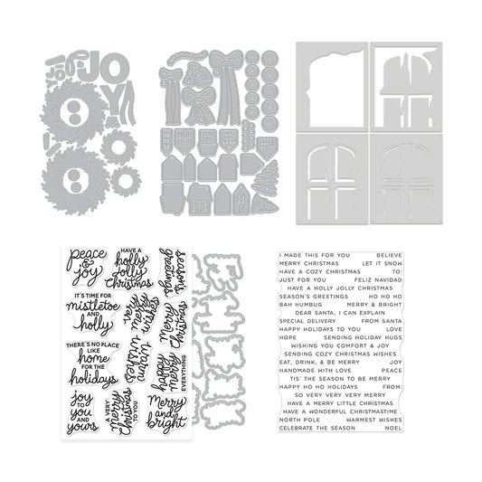 Home for the Holidays bundle dies and stamps: wreath, houses, door stencils, sentiments