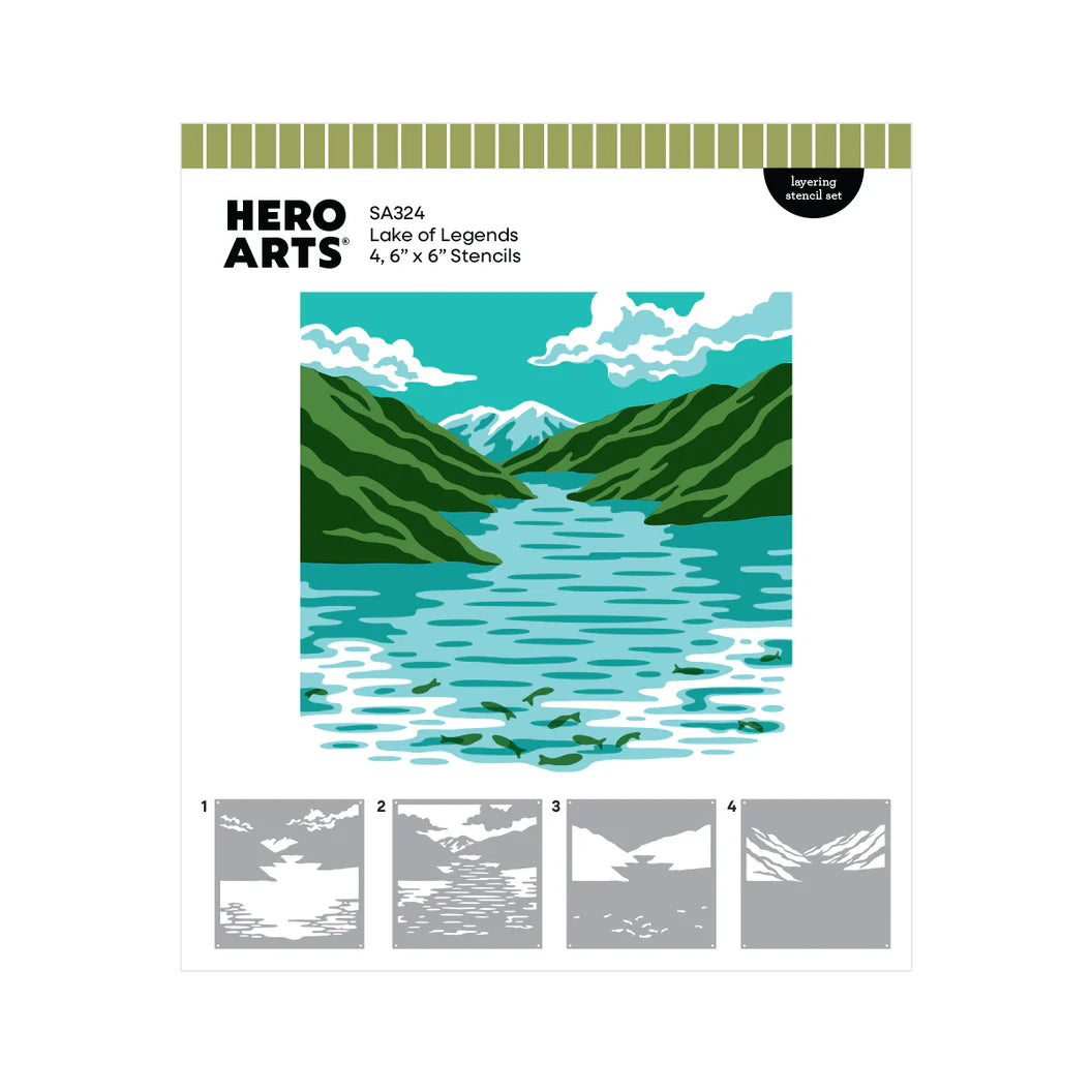 Hero Arts Lake Legends stencils packaging with mountain and lake illustration
