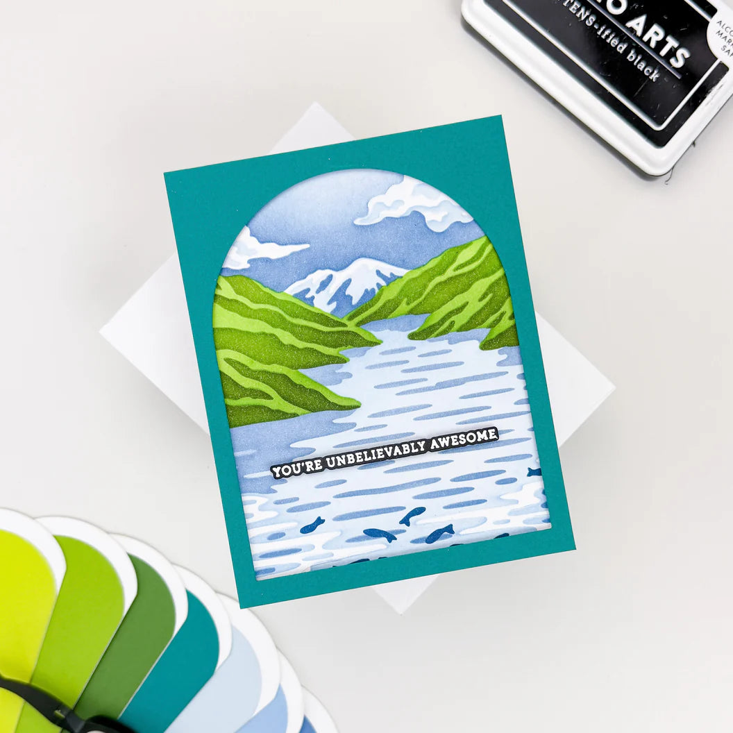 Hero Arts Greeting card with mountain and lake illustration and 'You're Unbelievably Awesome' text on a white background.