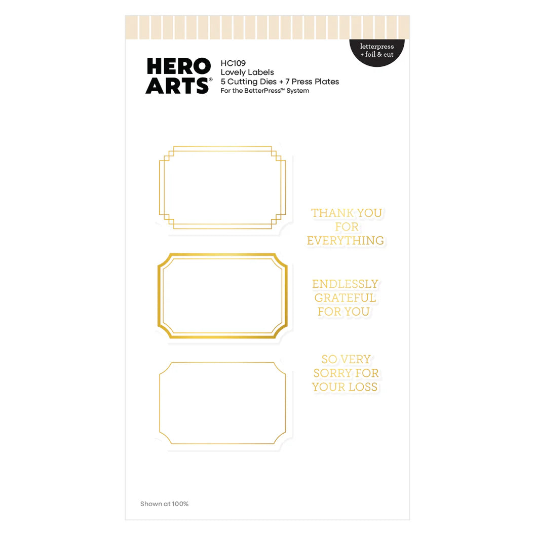 Hero Arts Lovely Labels stamp set packaging with gold text on a white background