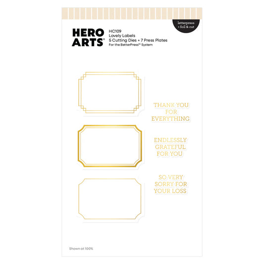 Hero Arts Lovely Labels stamp set packaging with gold text on a white background