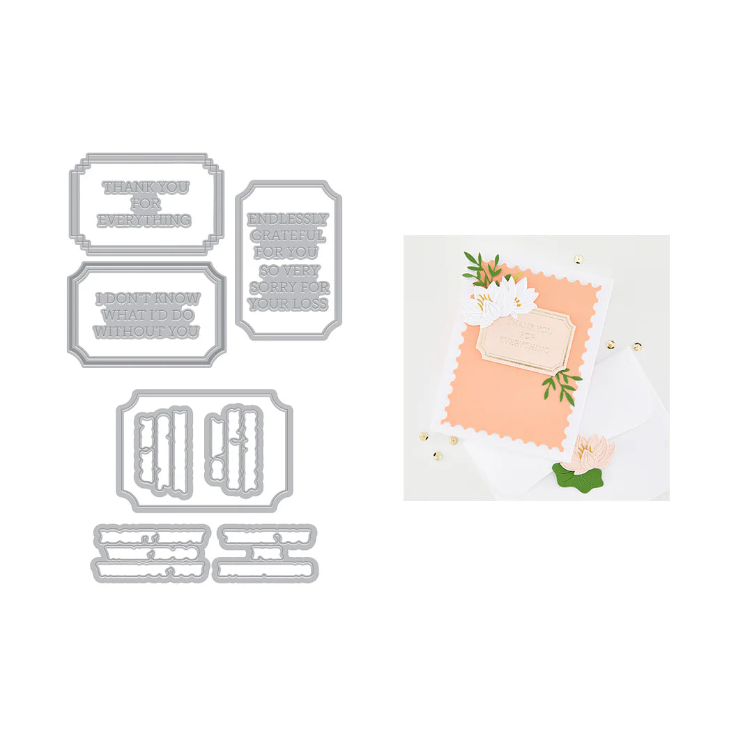 Set of metal dies for crafting with a sample card on a white background