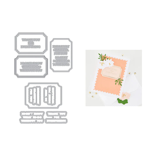Set of metal dies for crafting with a sample card on a white background