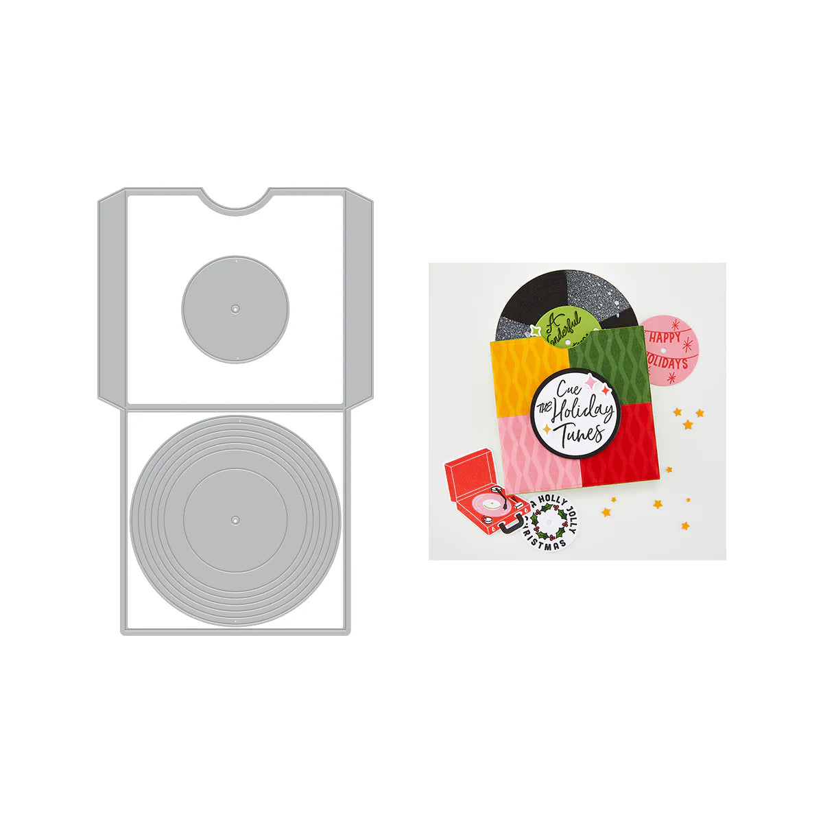 Vinyl record with a colorful sleeve featuring text and graphics on a white background