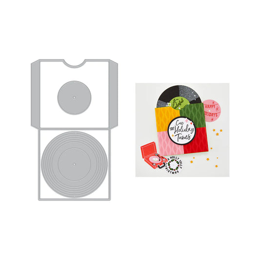 Vinyl record with a colorful sleeve featuring text and graphics on a white background