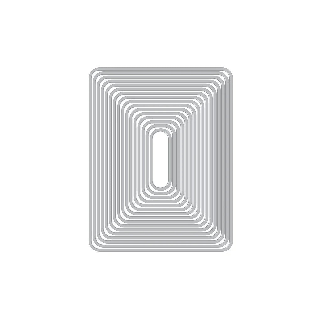 Rectangular metal die cutting template with concentric circular shapes on a white background