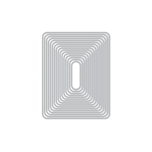 Rectangular metal die cutting template with concentric circular shapes on a white background