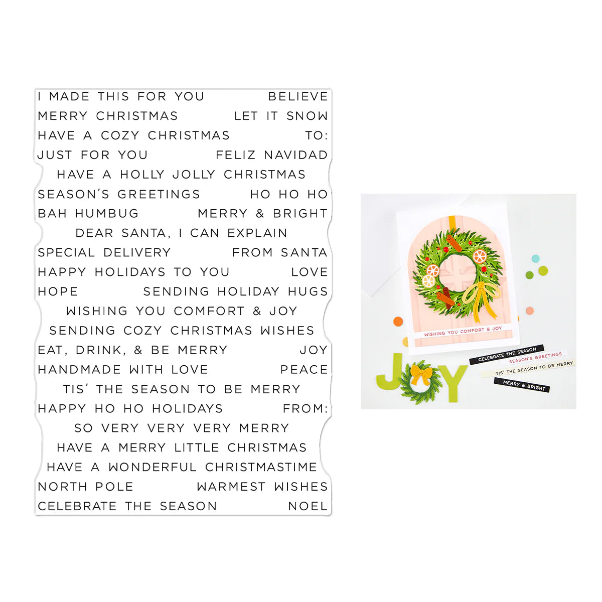 Hero Arts Season's Greetings sentiment stamp with wreath card featuring JOY sign