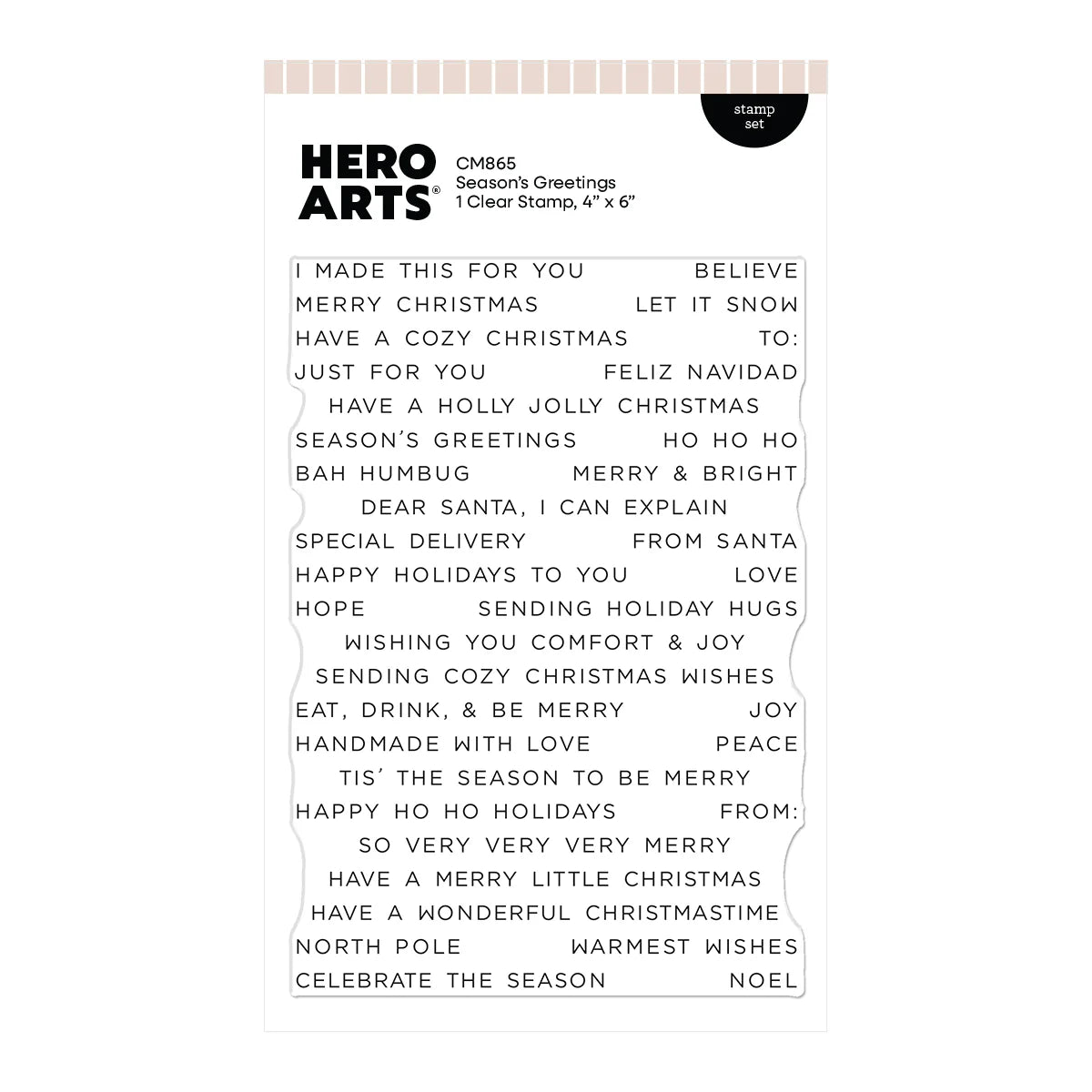 Hero Arts Season's Greetings stamp with mixed holiday sentiment word list"