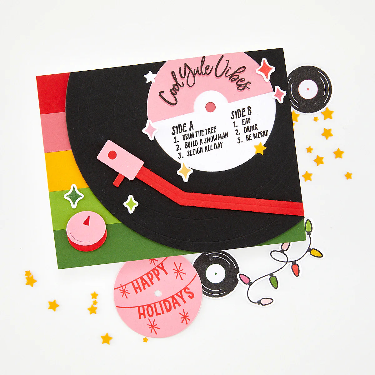 Colorful vinyl record design with 'Cool Yule Vibes' text on a white background