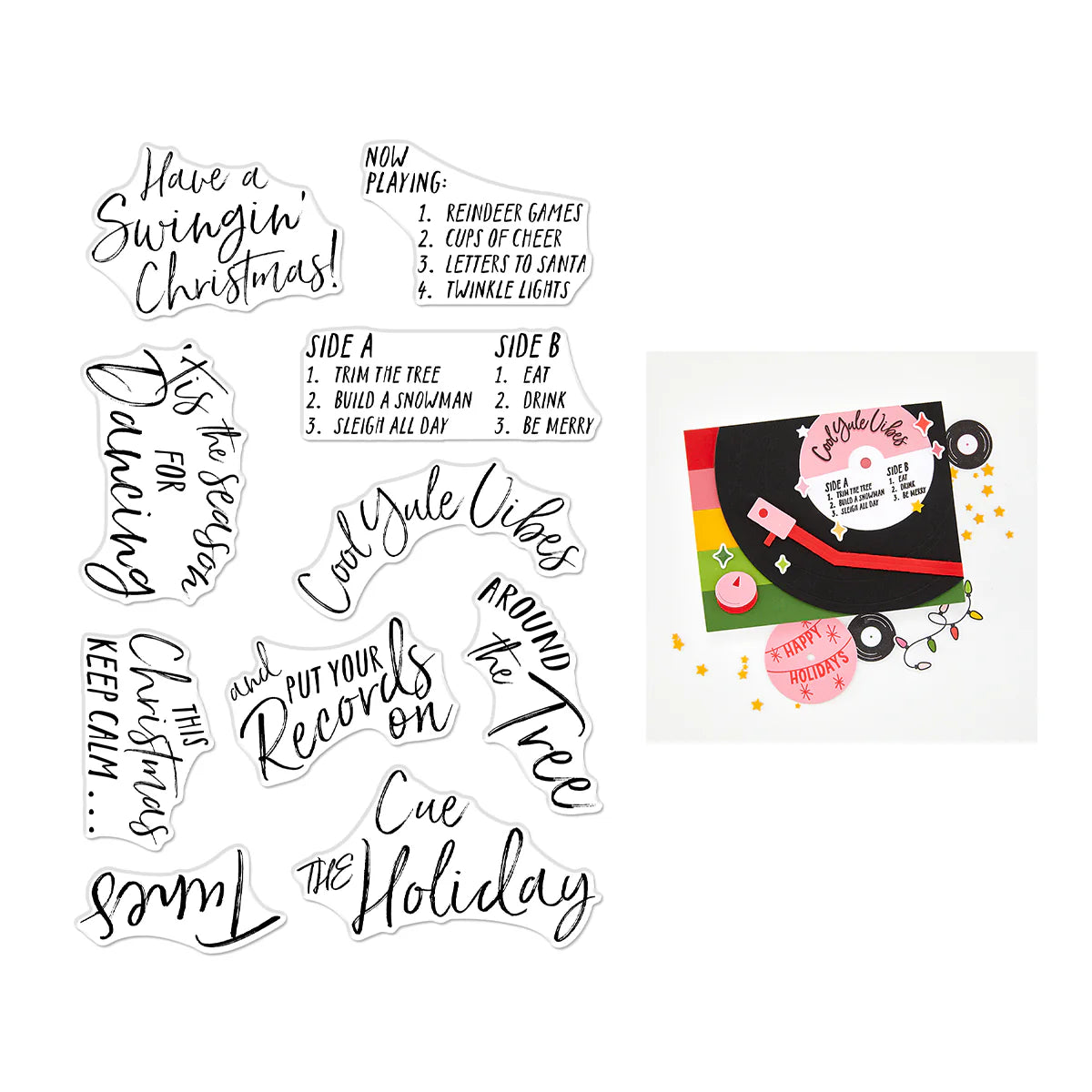 Holiday-themed vinyl record with text and a small card on a white background