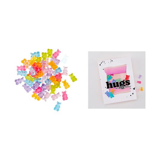 Colorful gummy bear-shaped stickers with a card that says 'hugs' on a white background.