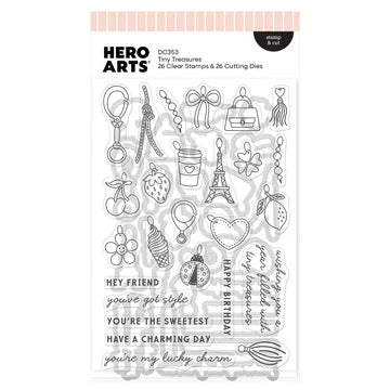 Hero Arts Tiny Treasures stamp and die set packaging with various illustrations and text on a white background.