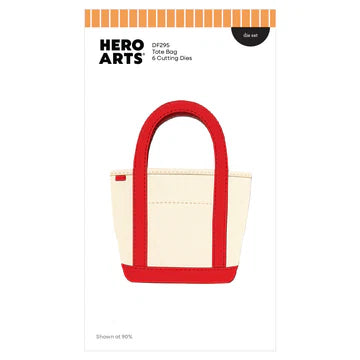 Hero Arts tote bag and cutting dies packaging with a red and beige tote bag on a white background.