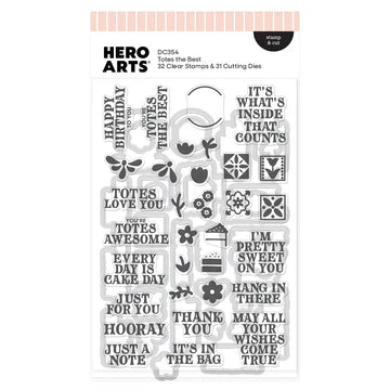 Set of clear stamps with various phrases and designs on a white background
