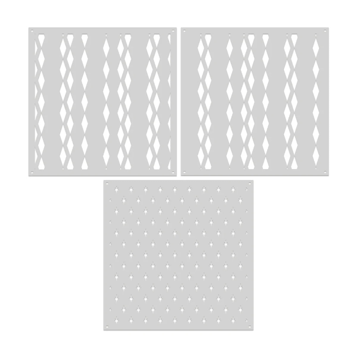 Three decorative stencils with geometric patterns on a white background