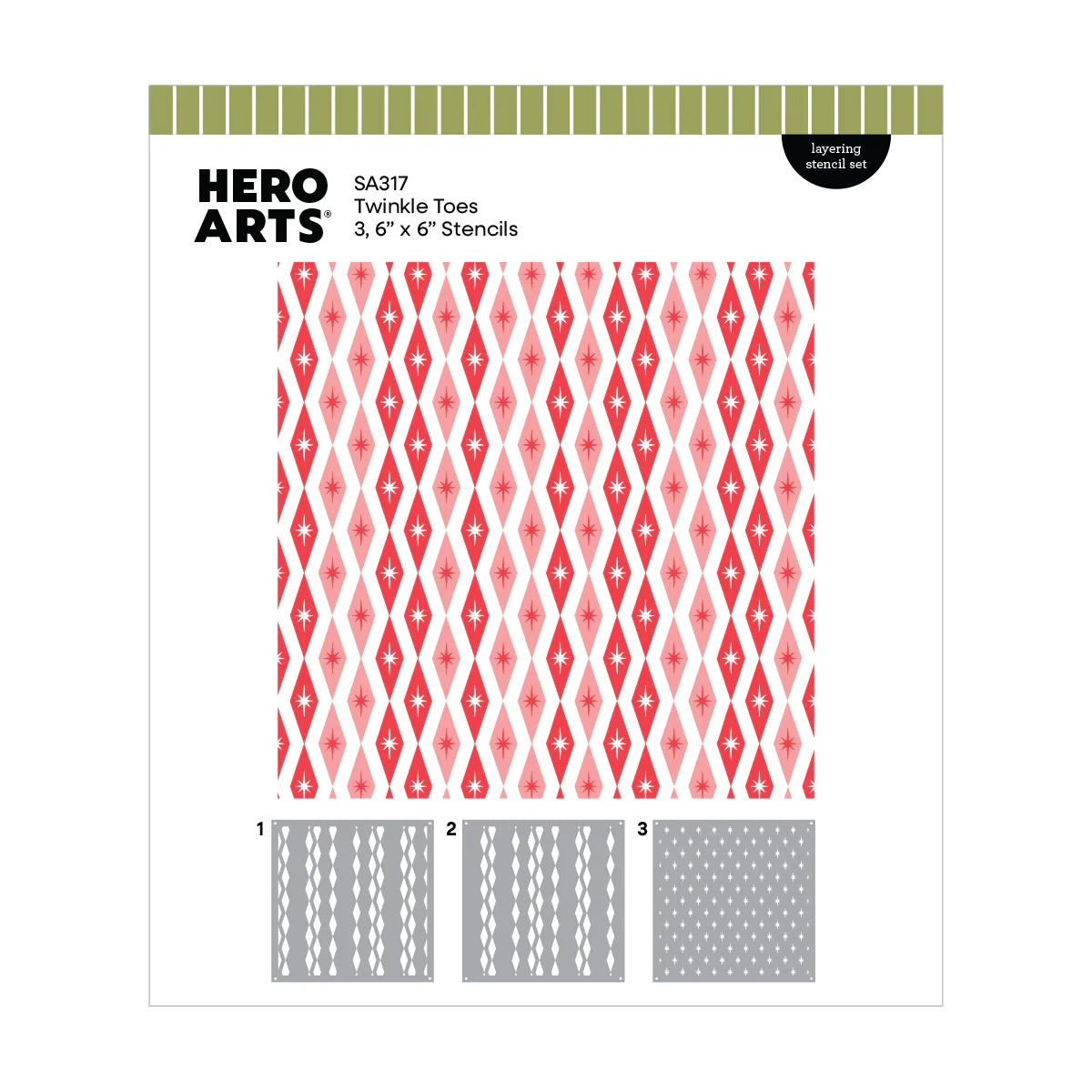 Hero Arts stencils packaging with geometric pattern and three smaller stencils below on a white background.