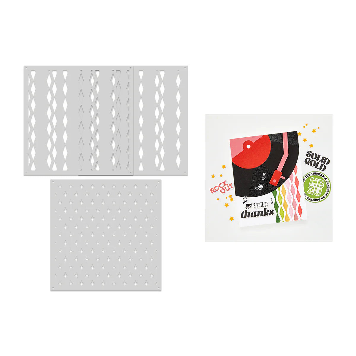 Two stencils and a colorful card with text and graphics on a white background