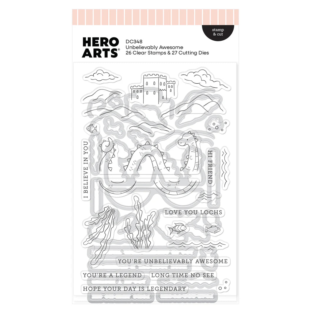 Hero Arts stamp and die set packaging with castle and dragon design on a white background