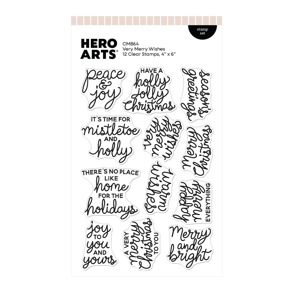 Hero Arts Very Merry Wishes clear stamp set with hand-lettered holiday phrases