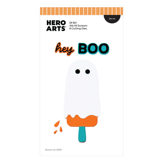 Hero Arts 'hey BOO' die set packaging with ghost popsicle design on a white background