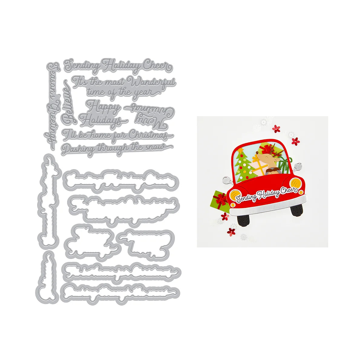 Hero arts dies and plates with a christmas car card sample of a deer, tree, and presents.