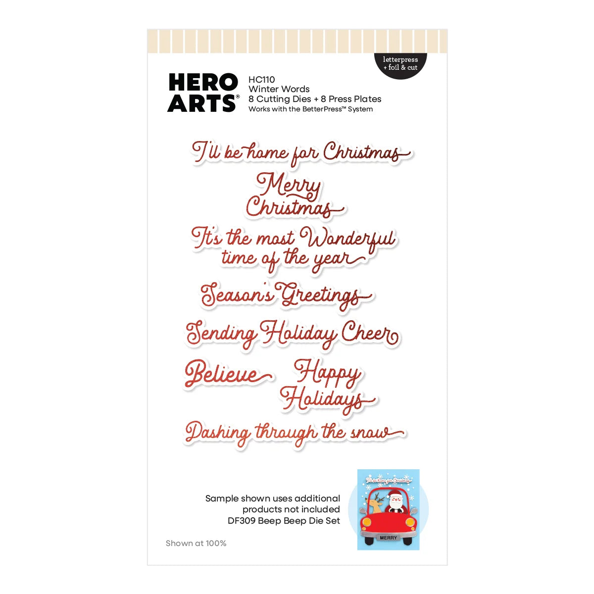 Hero Arts HCH10 Winter Words clear stamp sheet featuring red cursive holiday phrases like 'Merry Christmas' and 'Believe Happy Holidays' on a white background.