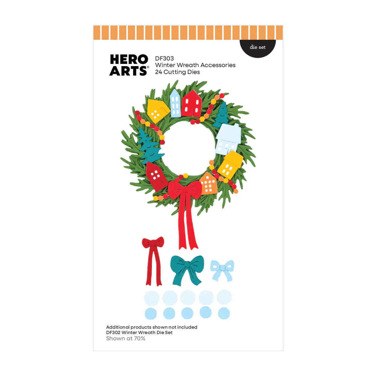 Hero Arts Winter Wreath Accessories dies with bows, houses, and garland wreath