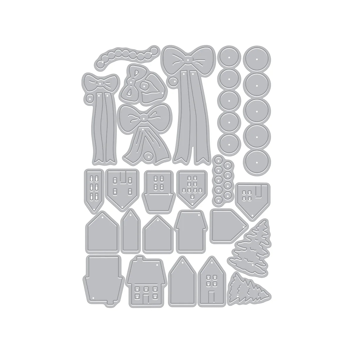 Hero Arts cutting die sheet with bows, garland, houses, ornaments, and tree shapes