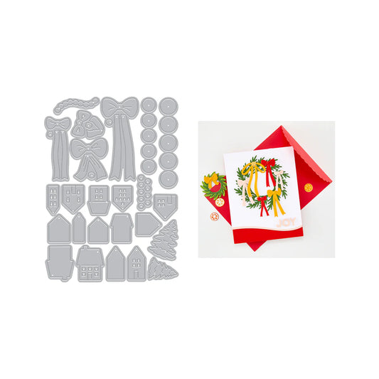 Winter Wreath Accessories dies with bows, houses, and finished JOY wreath card