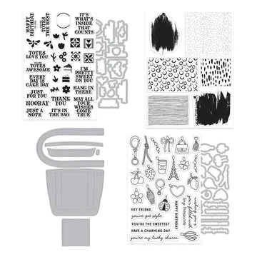 Collection of black and white stamps with various designs on a white background
