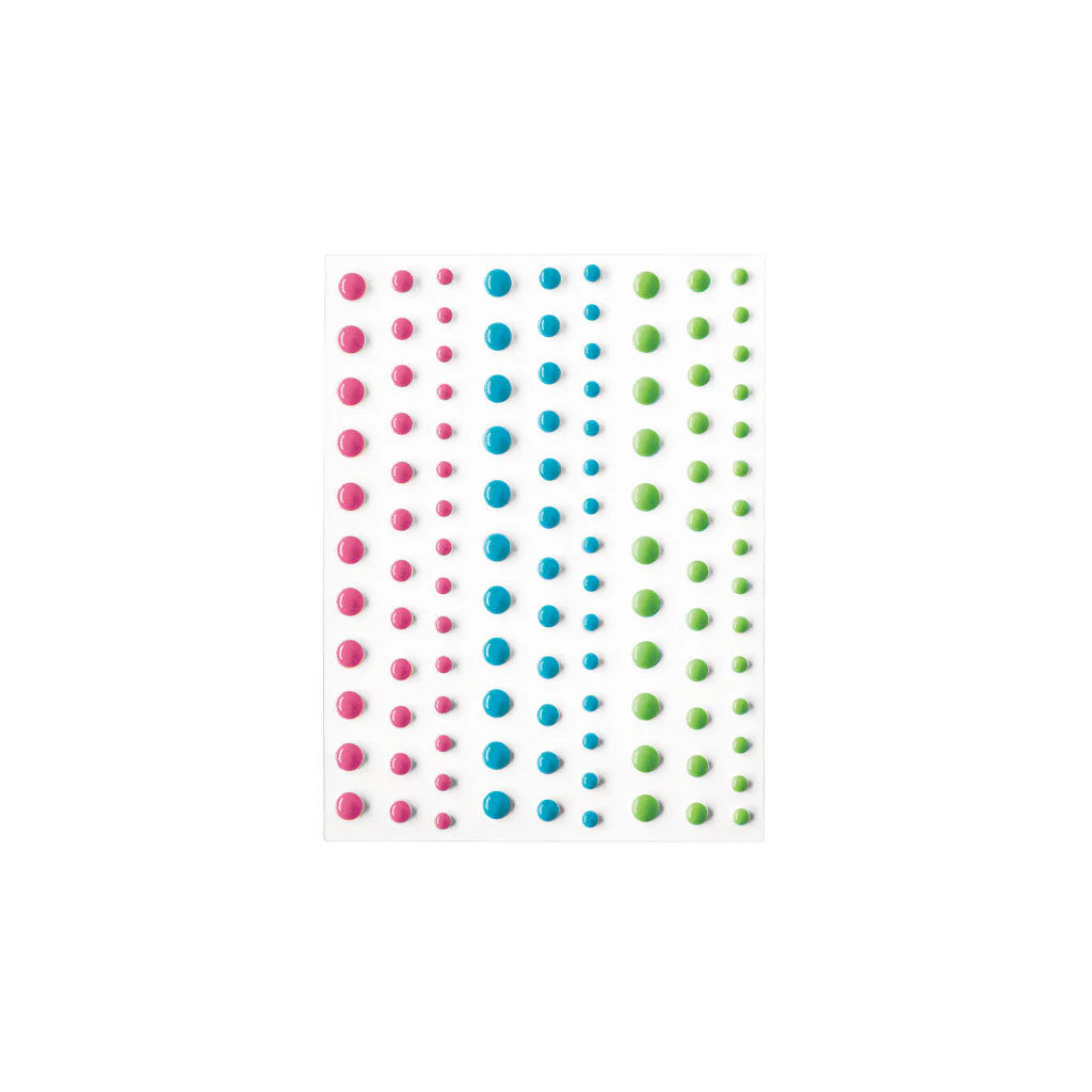 Colorful polka dot pattern on a white background