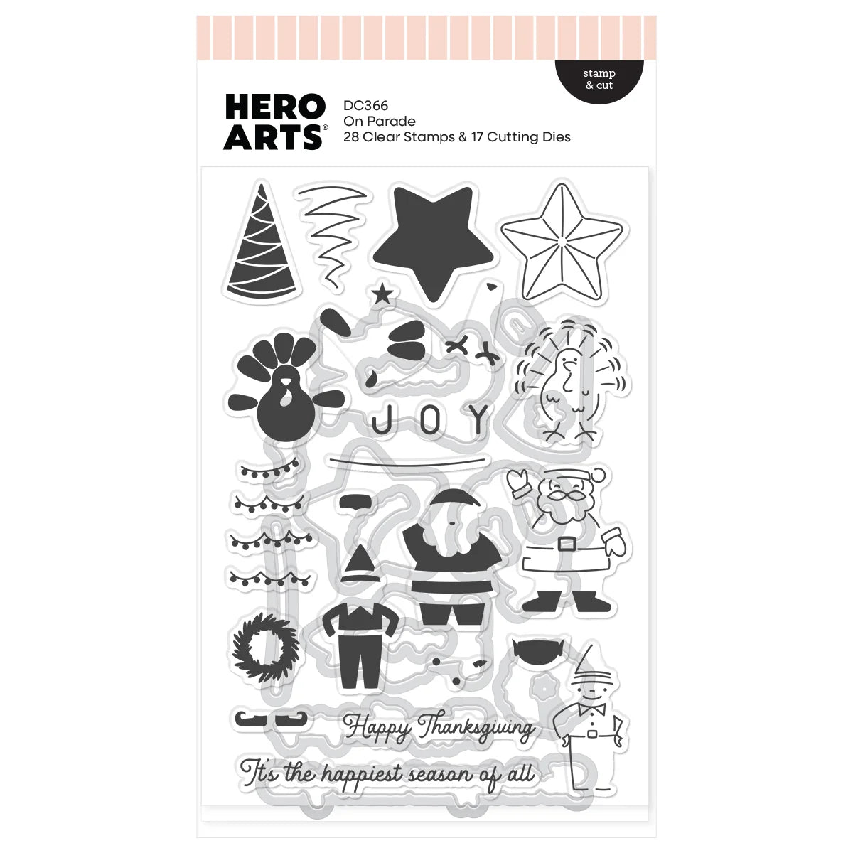 Hero Arts DC366 'On Parade' sleep & go set, featuring a sheet of clear stamp and die designs for Thanksgiving and holiday-themed crafting, including Santa Claus, turkeys, a turkey, a star, a wreath, and 'JOY' and 'Happy Thanksgiving' text.