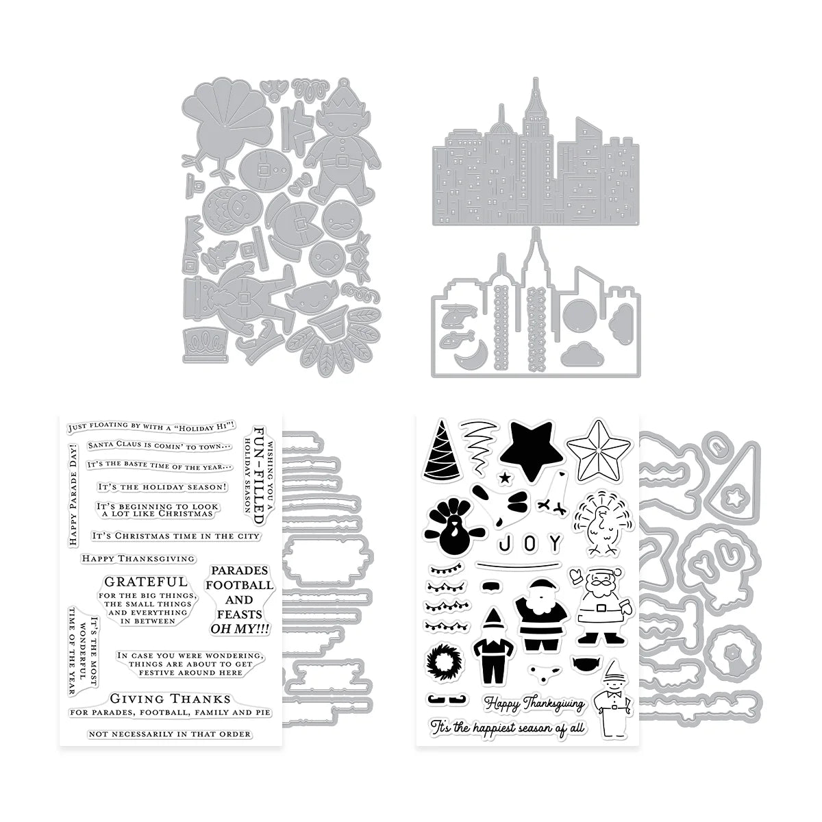 A set of gray and black die-cut crafting templates and stamps featuring Thanksgiving and cityscape designs, displayed on a clean white background.
