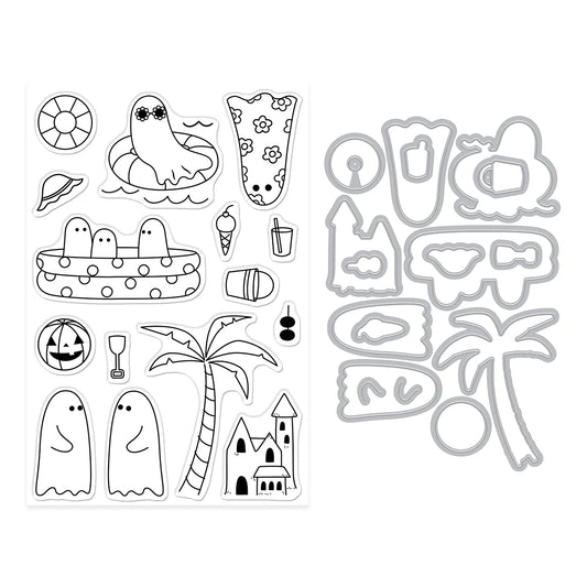 Set of black and white die-cut shapes including ghosts, palm trees, and beach items on a white background.