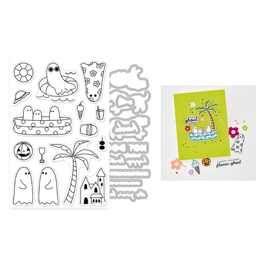 Set of clear stamps with various designs including ghosts, palm trees, and ice cream cones, alongside a stamped card.
