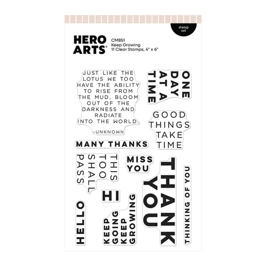 Hero Arts clear stamps with various phrases on a white background