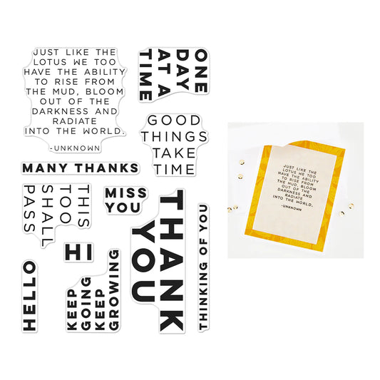 Collection of motivational phrases and a card with text on a white background