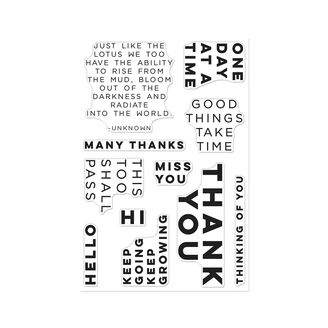 Collection of various stamps on a black text phrases on a white background 