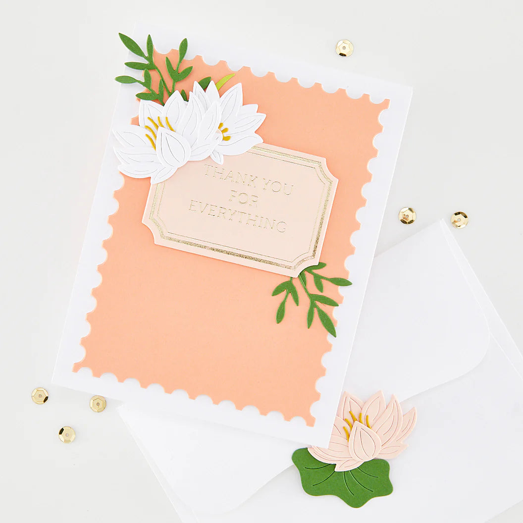 Greeting card with lotus flower design and 'Thank you for everything' text on a white background
