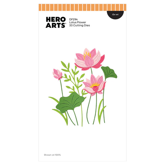 Hero Arts Lotus Flower cutting dies packaging with pink flowers and green leaves on a white background.