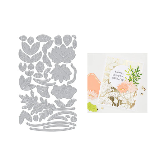 Lotus die-cut set with a sympathy card featuring flowers and text.