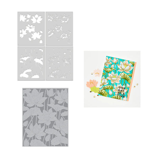 Floral stencils and a card with floral design on a white background