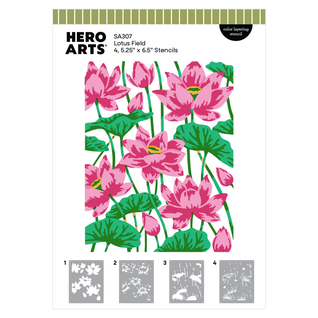 Hero Arts Lotus Field stencil packaging with pink flowers and green leaves on a white background.